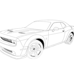 以下が含まれることがあります： モダンなクーペカーの白黒線画。車両は、目立つフードスクープ、詳細なフロントグリル、合金ホイールを備えています。デザインは白い背景に黒い線で描かれ、スポーティなシルエットを強調しています。