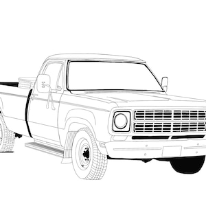 May include: A black and white line drawing of a vintage pickup truck. The truck has a long bed and a large grille with a horizontal chrome bar.