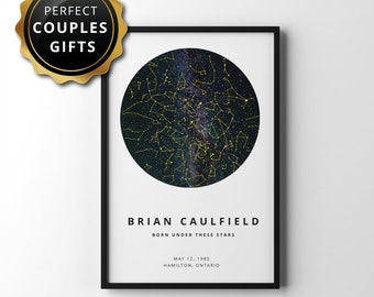 Constellation Map Poster | Custom Star Map Print Wall Art | Night Sky by Date Couples Gift Anniversary Birthday Wedding Gift for Her Him