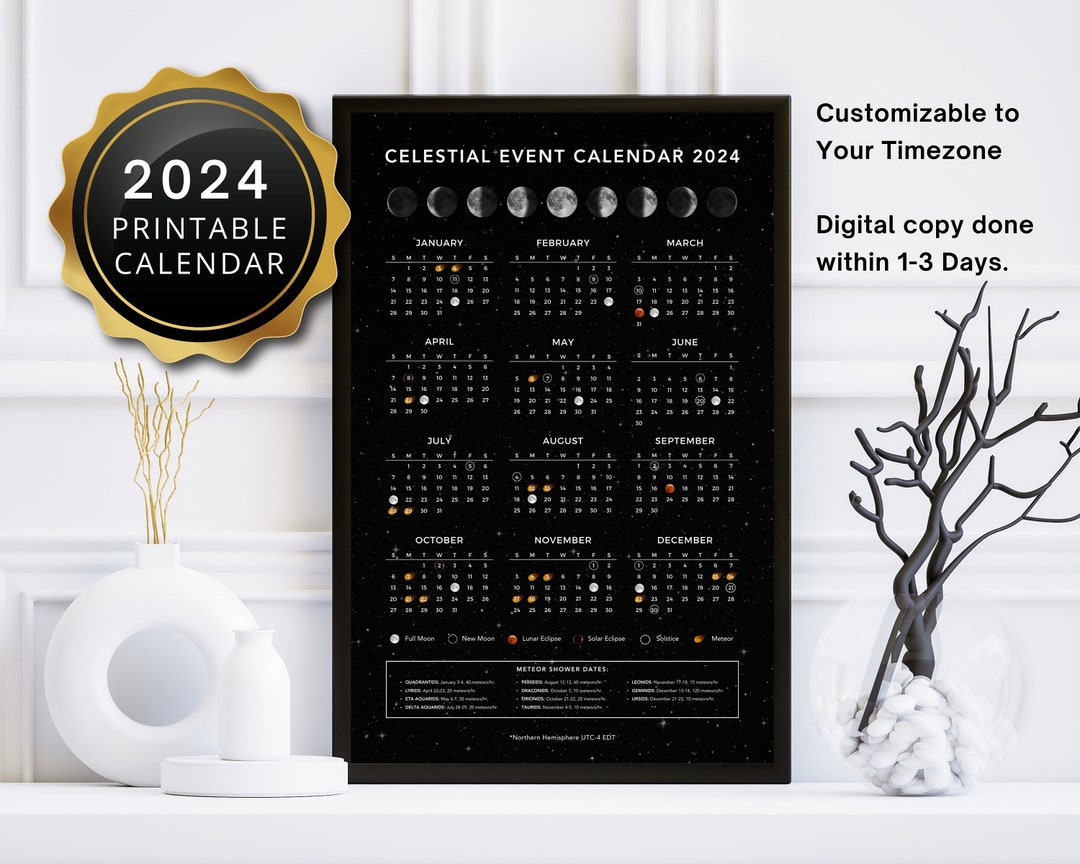 Full Moon Meteor Shower Calendar 2024 Print Lunar Phase Solar Eclipse