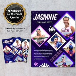 May include: A purple and pink yearbook ad template with a photo collage of a young woman in a cheerleading uniform. The text reads "Jasmine Class of 202X" and "Congratulations on your graduation. The life adventures have just begun. Remember that you are bound to make mistakes, make sure to learn from them and they make you an even better version of yourself. You will get hurt and wounded but keep fighting on. Love Mom & Dad."