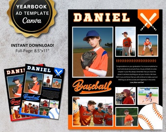 Senior Yearbook Ad Template Custom Grad Tribute Ad Full Quarter Page Digital CANVA TEMPLATE Sports Athlete Baseball High School Collage