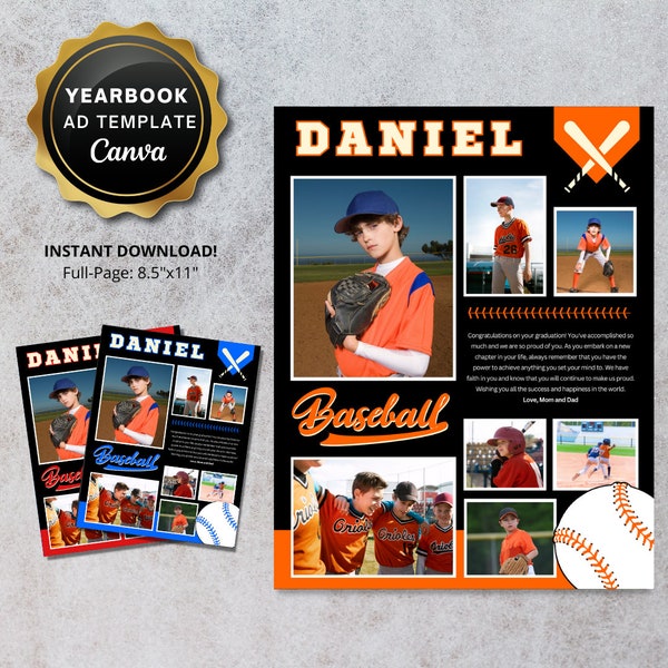 Senior Yearbook Ad Template Custom Grad Tribute Ad Full Quarter Page Digital CANVA TEMPLATE Sports Athlete Baseball High School Collage