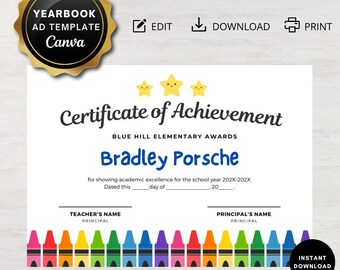 Plantilla Canva del Diploma de Graduación de Kindergarten / Certificado editable para niños en edad preescolar Digital Personalizado Imprimible pdf jpg