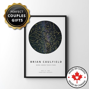 affiche de carte de la constellation | Art mural impression carte des étoiles personnalisée | Ciel nocturne par date Cadeau pour couple Anniversaire Cadeau de mariage d'anniversaire pour elle et lui