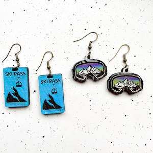 Adventure Goggles and Ski Pass Wooden Earrings, Snowboarding, Skiing, Snowmachine, Outdoors, Alaska, Gifts for her
