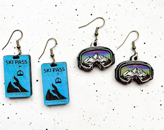 Brincos de madeira com óculos de aventura e passe de esqui, snowboard, esqui, moto de neve, atividades ao ar livre, Alasca, presentes para ela.