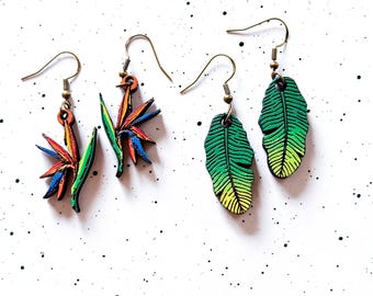 Tropical Plant Wooden Earrings, plants, bird of paradise, Gifts for Her