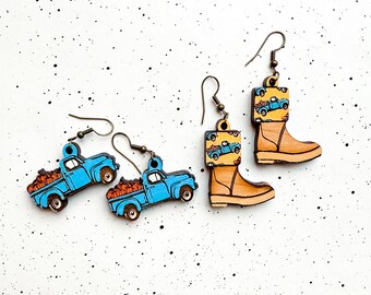 Fall Pickup Truck Wooden earrings, Xtra tuff, Fall, Pumpkin, Gifts for Her