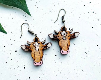 Cow Wooden Earrings, Farm Earrings, Fall, Steer Earrings, Gifts for her