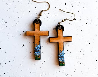 Forget me not Cross Wooden Earrings, Religious, Cross , Gifts for her