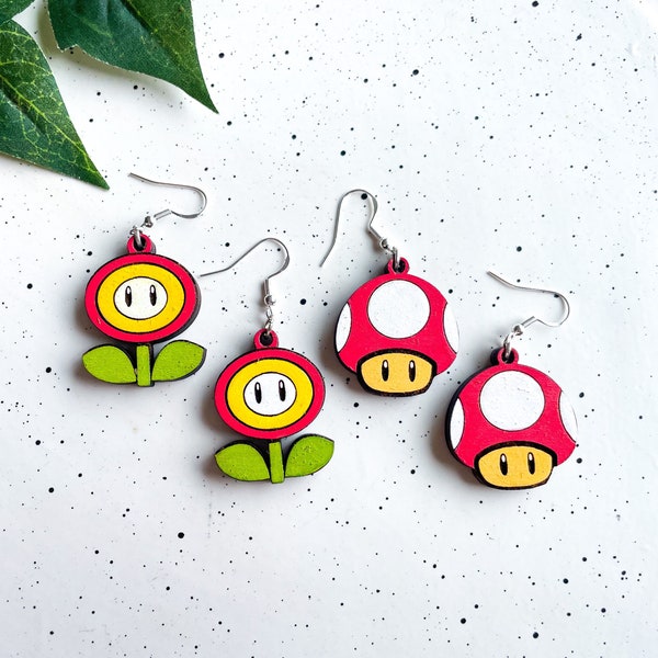 Power Up inspired Wooden Earrings, Mushroom, Video Game, Gifts for Her