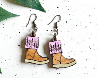 Pink Fireweed Xtra Tuff Wooden Earrings, Fireweed, Xtra tuff Boots  flowers, Alaska, Alaska made, gifts for her