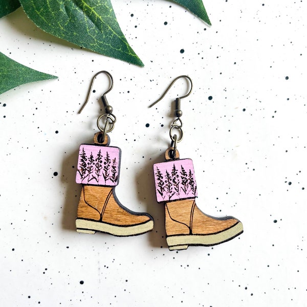 Pink Fireweed Xtra Tuff Wooden Earrings, Fireweed, Xtra tuff Boots  flowers, Alaska, Alaska made, gifts for her