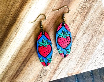 Strawberries around Wooden Earrings, Gifts for Her