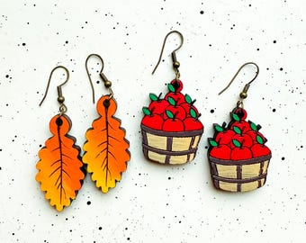 Fall fun Wooden earrings, Apples, Fall, Leaves, Pumpkin, Gifts for Her