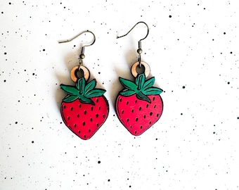 Strawberry Wooden Earrings, Summer, Gifts for her