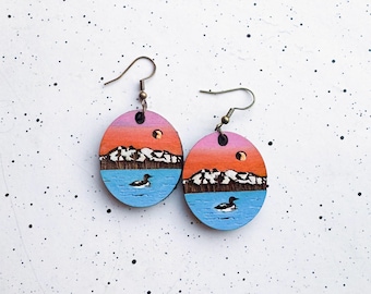 Sunset- Loon Wooden earrings, Sleeping Lady, Alaska, birds, wildlife, Outdoors, Gifts for Her