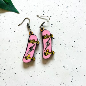 Sk8er Boy Wooden Earrings, Pink Skateboard Earrings, Skateboards, Skatepark, Gifts for Her