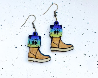 Ski lift xtra  Tuff Wooden Earrings, Boots, Pioneer Peak Alaska, Xtra Tuff Boots, Gifts for Her