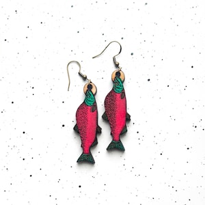 Red Salmon Wooden Earrings, Fishing, Silver Salmon, Fish Earrings, Fishing Lures, Alaska made, Gifts for her