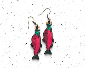 Red Salmon Wooden Earrings, Fishing, Silver Salmon, Fish Earrings, Fishing Lures, Alaska made, Gifts for her