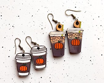 Pumpkin Spice Latte Wooden earrings, Coffee Lover, Fall, Latte, Pumpkin, Gifts for Her