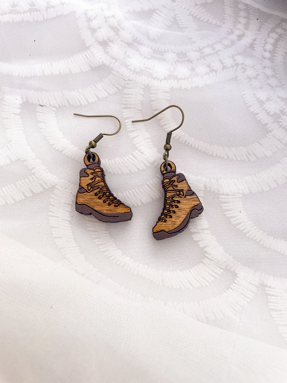 Take a Hike Wooden Hiking Boot Earrings, Hiking boots, outdoors, camping, gifts for her