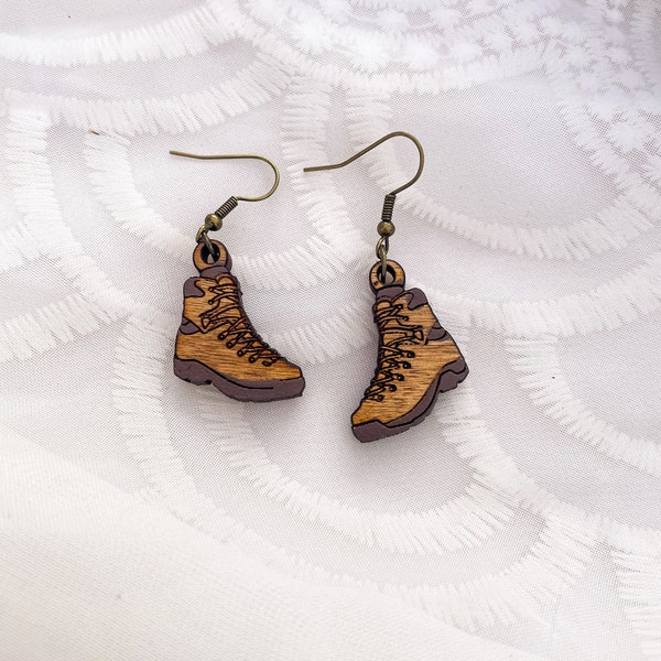 Take a Hike Wooden Hiking Boot Earrings, Hiking boots, outdoors, camping, gifts for her