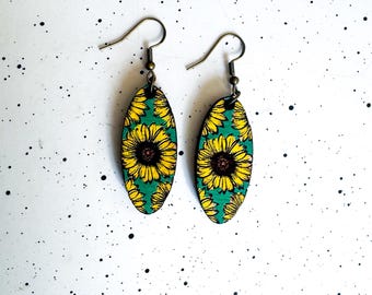 Sunflower Boho Earrings, Wooden Earrings, floral earrings, flower, sunflower, Dangle Earrings, Gifts for Her, Birthday Gift