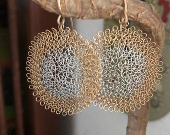 Crocheted Mixed Metal Snowflake Earrings, Sterling Silver and 14K Gold Filled Wire Dangles