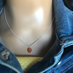 Carnelian Heart Necklace: Dainty Orange Gemstone, Sterling Silver Chain