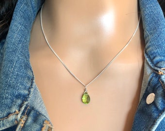Peridot Gemstone Necklace: Pear Faceted Sterling Silver