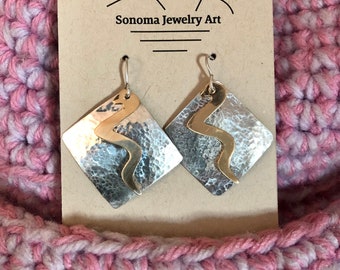 Mixed Metal Dangly Earrings with  Hand Cut Hammered Sterling Silver and Polished 14K Gold Filled Pieces