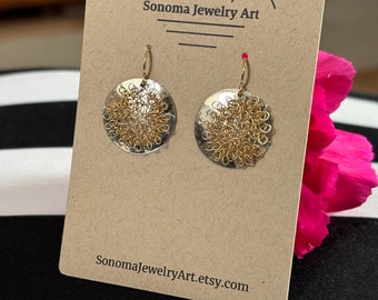 Mixed metal round hammered and crocheted earrings in sterling silver and 14k gold filled with 14 k gold filled ear wires.
