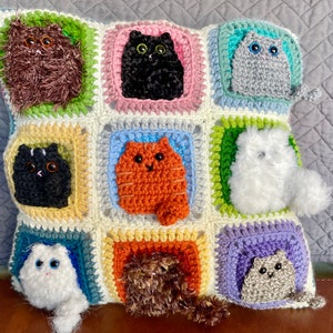 Crochet cat kitty granny square decorative pillow