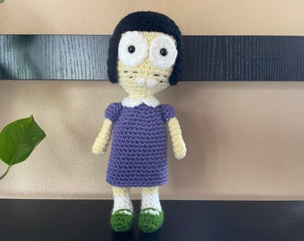 Crochet amigurumi girl doll purple dress with buck teeth