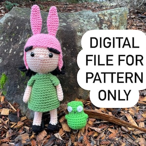 CROCHET PATTERN for little girl with bunny ears hat and dress and little green doll