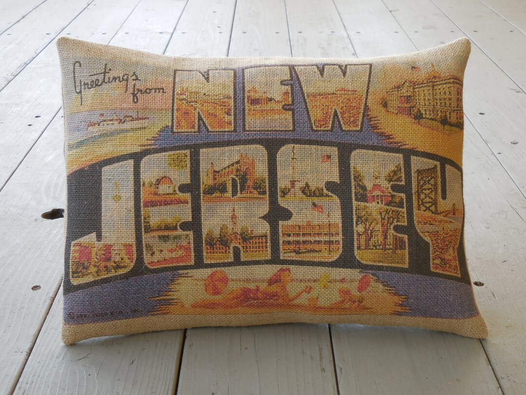 New Jersey Burlap Pillow, NJ Pillow, Farmhouse Pillows, Travel Gift