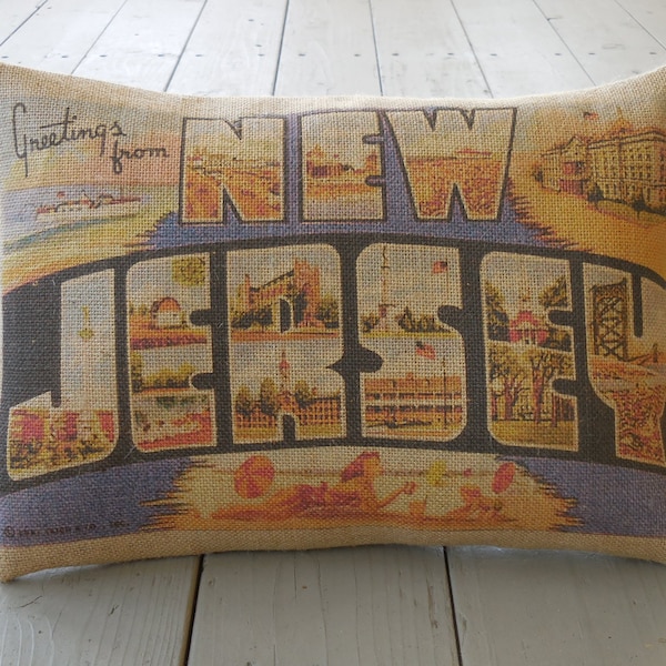 New Jersey Burlap Pillow, NJ Pillow, Farmhouse Pillows, Travel Gift, Insert Included