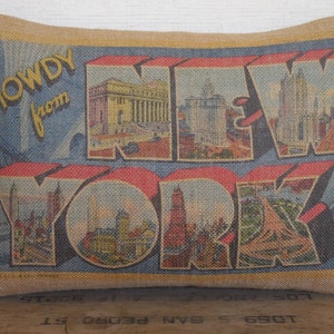 New York Postcard Pillow, NY Pillow, Farmhouse Pillows, Travel Gift, NY Souvenir
