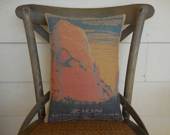 Zion NP Burlap Pillow, National Park Pillow, Travel Gift for Hikers, Insert Included