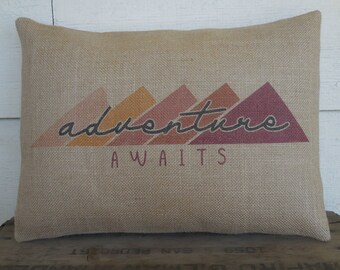 Adventure Awaits Burlap Pillow, Purple Adventure Awaits, Travel Themed Decor,  Insert Included