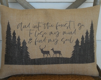Forest Burlap Pillow, Gift for Travel Lovers, Farmhouse Pillows, Travel Themed Decor
