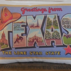 Texas Postcard Pillow, TX Pillow, Farmhouse Pillows, Travel Gift, Texas map pillow