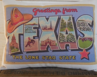 Texas Postcard Pillow, TX Pillow, Farmhouse Pillows, Travel Gift, Texas map pillow