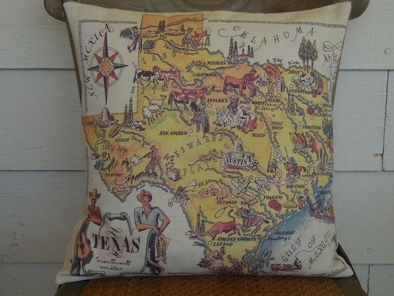 Vintage Texas Map Pillow, TX Map Pillow, Farmhouse Pillows, Travel Gift, Gift for Texans