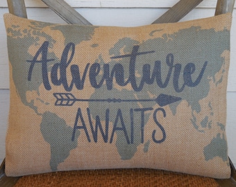 Adventure Pillow, Travel Lover Gift, Travel Themed Decor,  Gift for Travelers