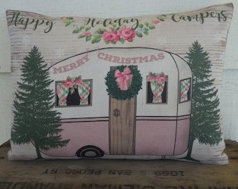 Happy Holiday Campers Pillow, Gift for Campers, Farmhouse Pillows, Gift for Trailer