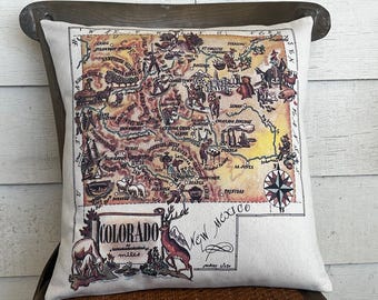 Vintage Colorado Map Pillow, CO Map Pillow, Farmhouse Pillows, Travel Gift, Gift for CO